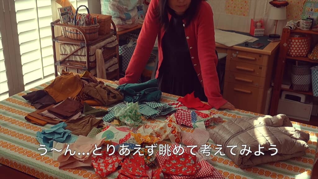 ユニクロのダウンをリメイクしたパッチワークコート