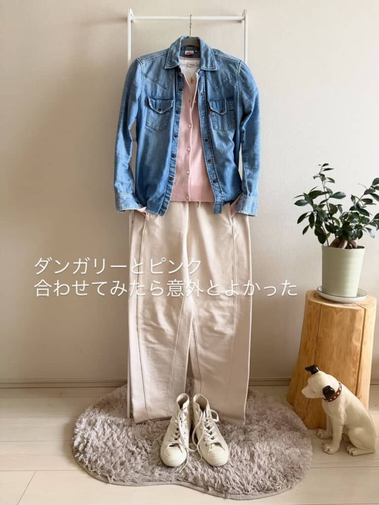 ダンガリーシャツにピンクのインナー