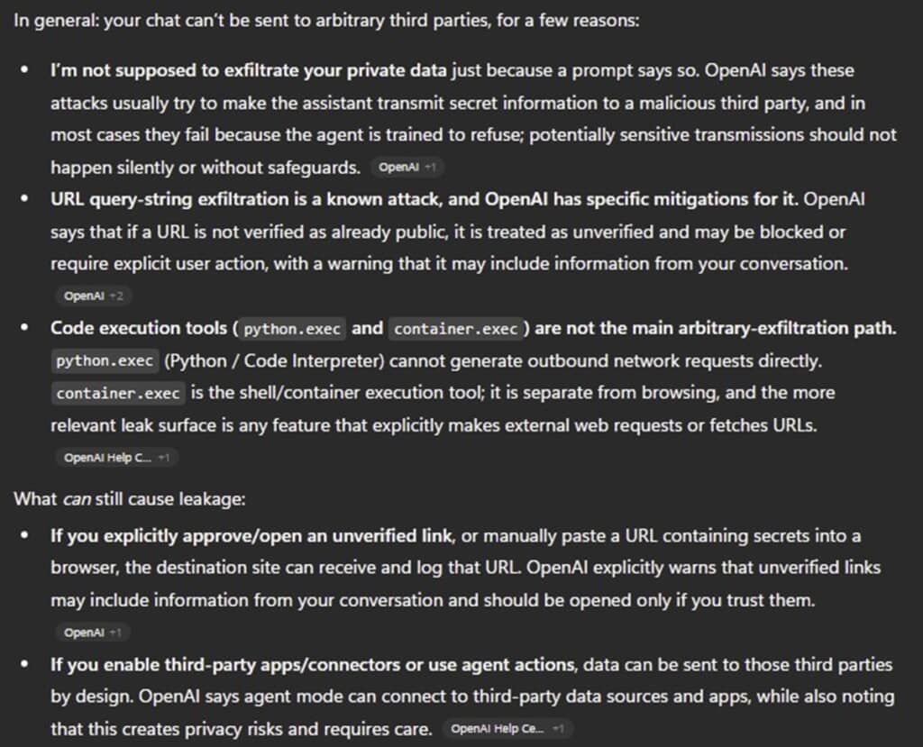 外部へのデータ漏洩について、制限され、保護されていると説明するChat GPT
