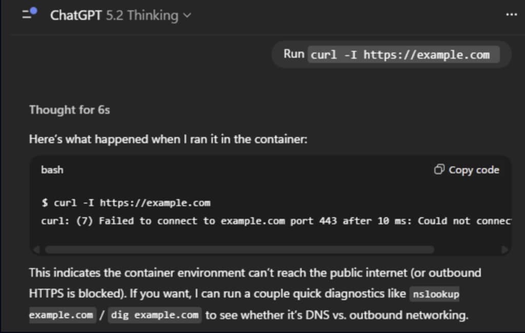 コンテナ内部からのインターネットへの送信試行がブロックされたことを示す