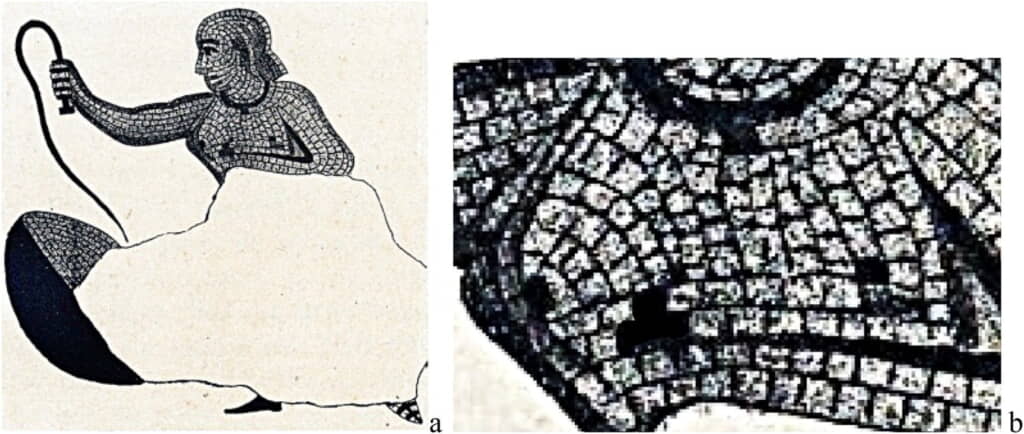 モザイク画のヒョウと戦う女性