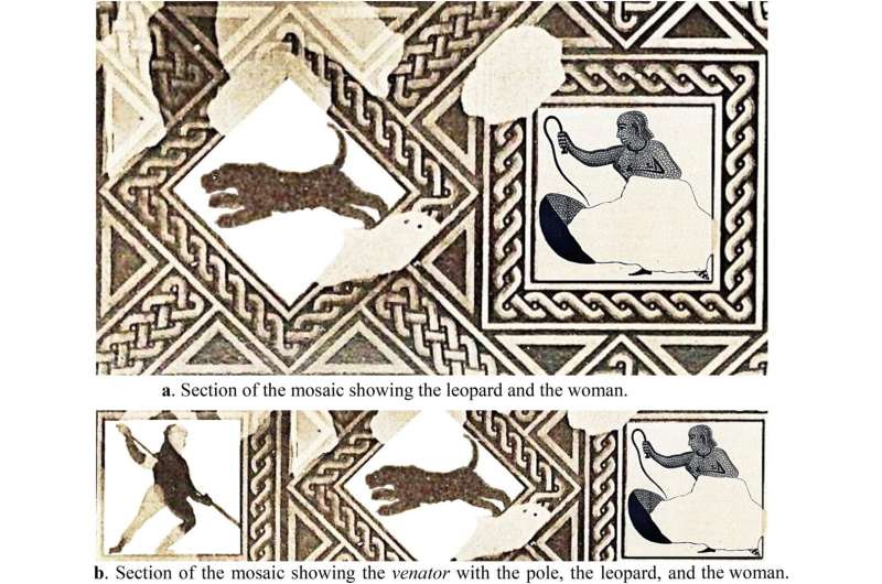 ヒョウと女性が描かれたモザイクの部分