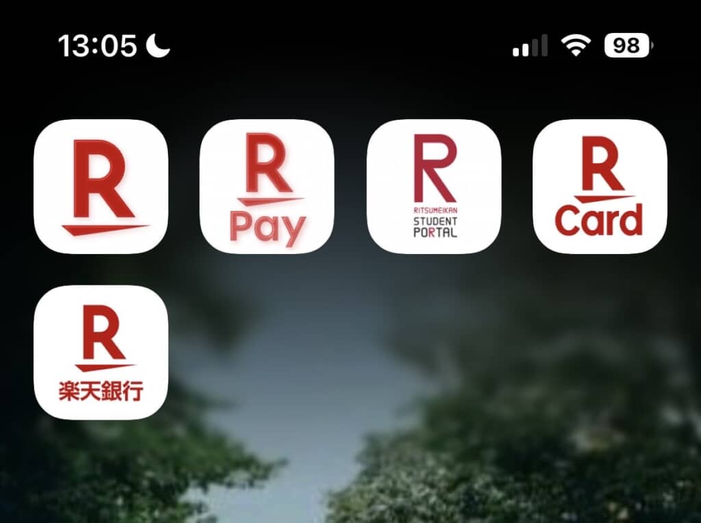 楽天・楽天ペイ・立命館学生ポータル・楽天カード・楽天銀行のアプリアイコン一覧