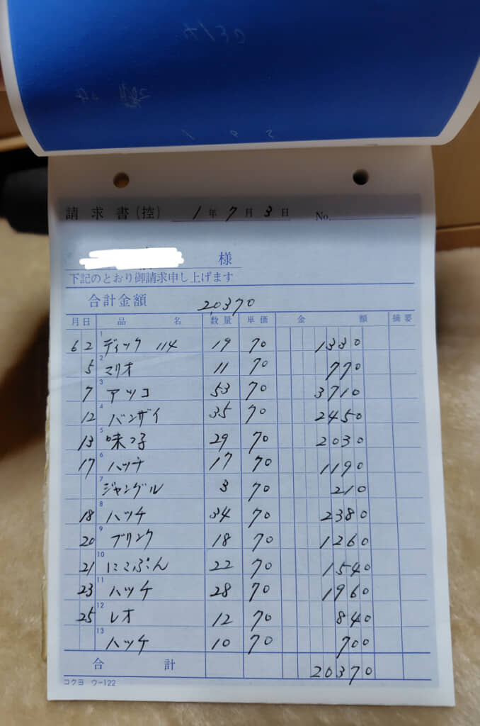 平成元年（1989年）に作成された請求書の写し。並ぶ品名の意味は――