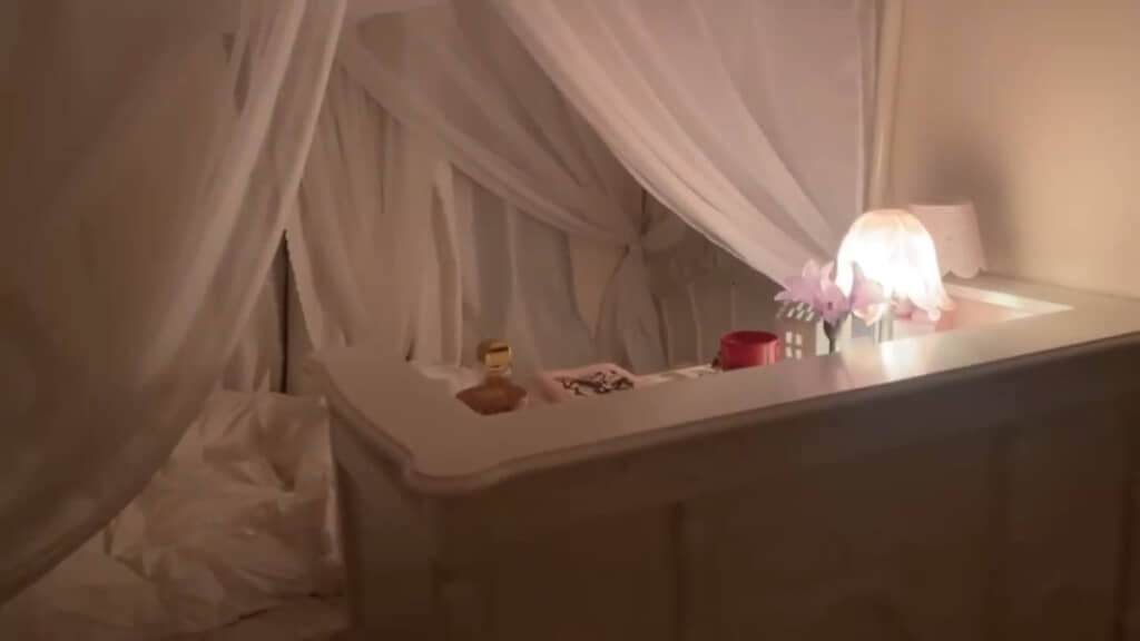 大きなレジカウンター（手前）と天蓋付きベッド（奥）