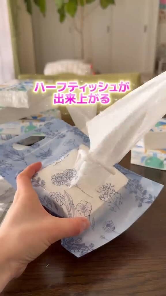 中央に切れ目を入れて取り出し口を作ってやれば、持ち運びやすいハーフティッシュに。切れ目の両端にはテープを貼って補強するといいそうです