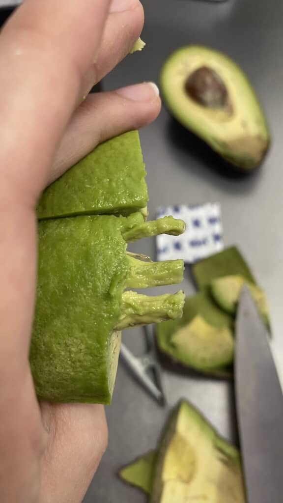 アボカドの断面から出ている突起物を果皮側から撮った写真