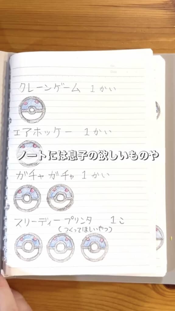 息子さんは欲しいものと必要なコインをノートに書いています