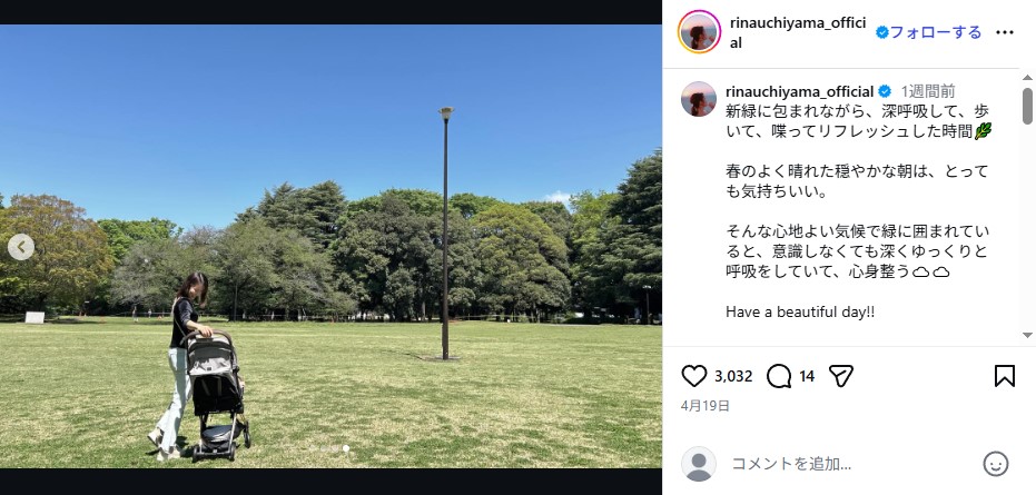 わが子が乗ったベビーカーを押す内山理名