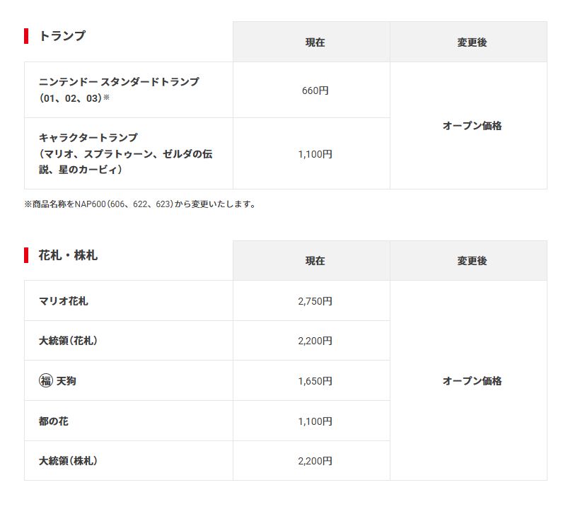 トランプ 花札 価格改定