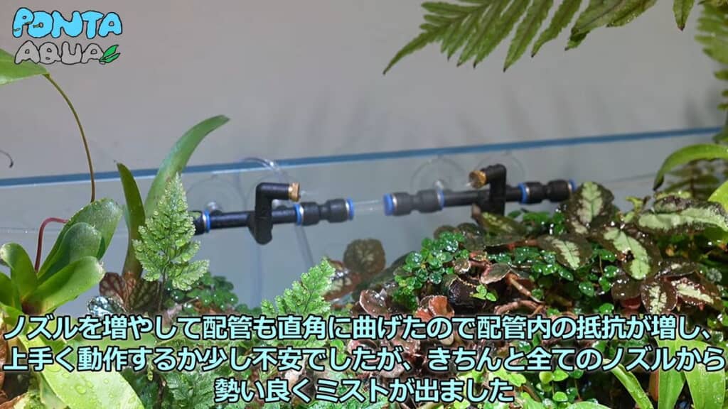 水槽の奥側でミストを噴射するノズル
