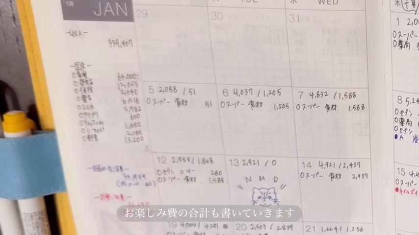 ページの左側に収入と支出の集計を記録