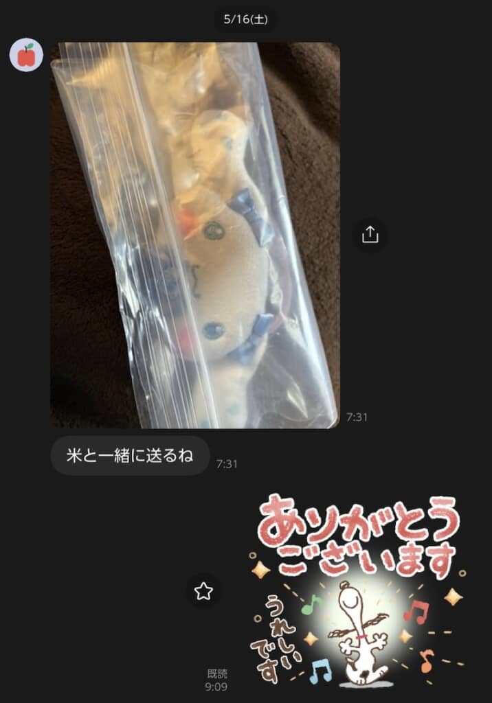シナモロールのぬいぐるみと一緒に、お米も送ってもらうことに