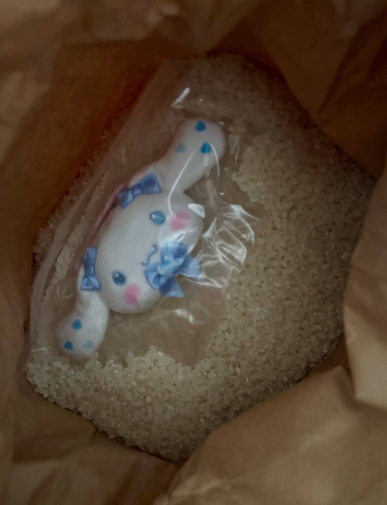 お米の中から発掘されたシナモロールのぬいぐるみ