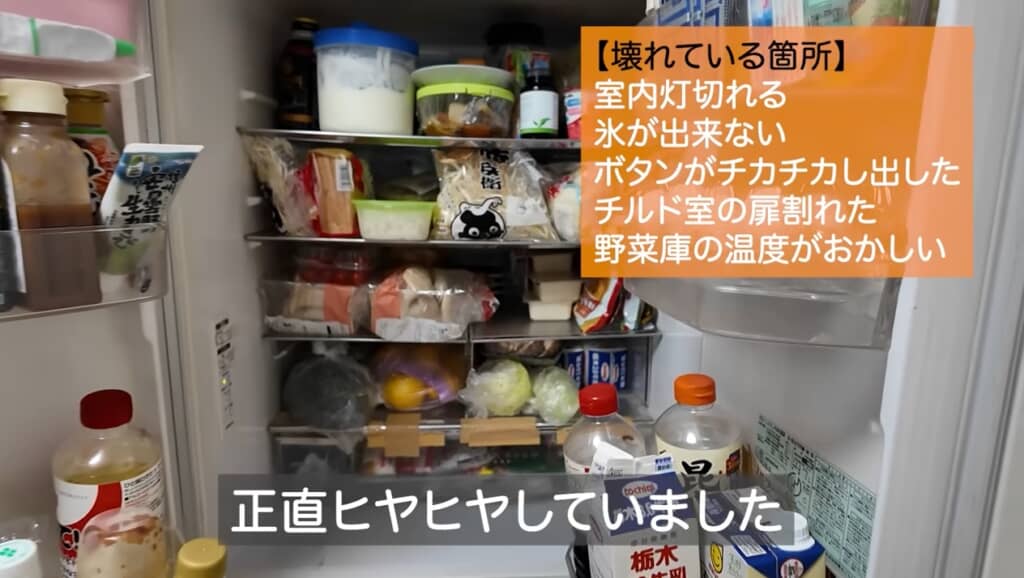冷蔵庫のさまざまな場所が壊れ、いつ壊れてもおかしくない状態だった