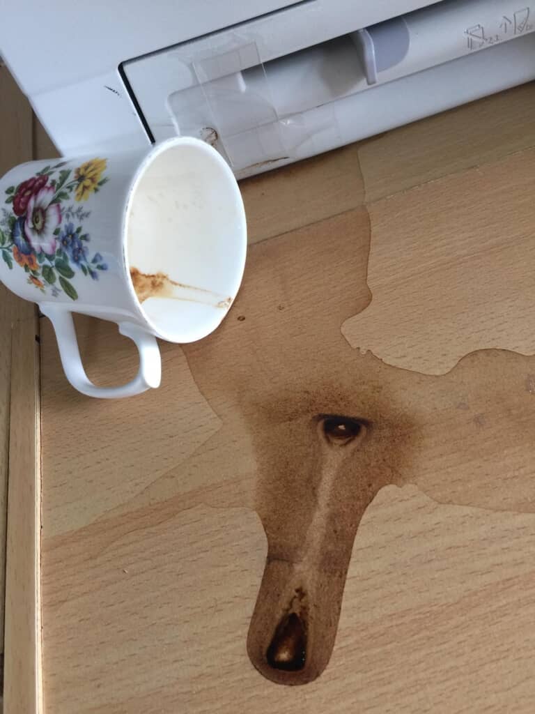 床にこぼれたコーヒーのしみの形が……