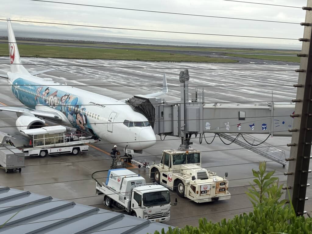 ディズニーシー記念塗装のJAL機が搭乗橋に接続される様子