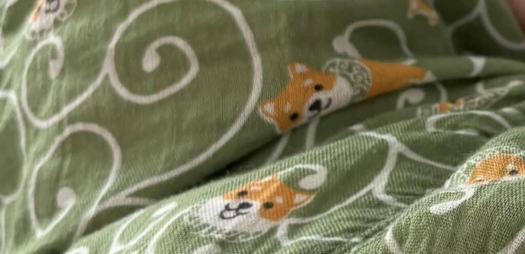 唐草模様に柴犬のイラストをちりばめた子ども服。別に文句は出なさそうですが……？