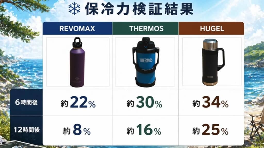 THERMOSとREVOMAX、アイリスオーヤマの保冷ボトルの性能比較