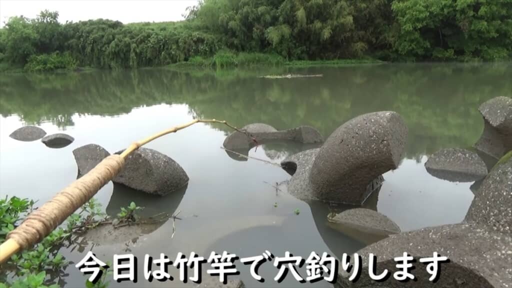 テトラポッドの隙間にミミズを落とす穴釣り