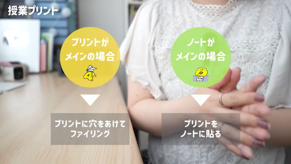 授業プリントは、授業の形式によって整理方法が異なるとのこと