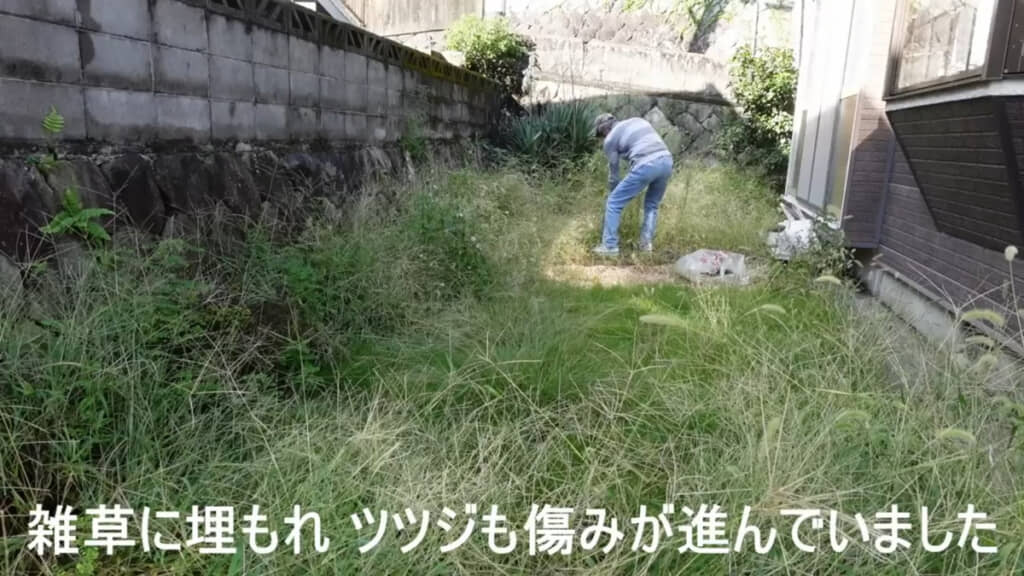 雑草に埋もれていたツツジをジャッキで抜いたあとに雑草対策を施すことに（画像左側）