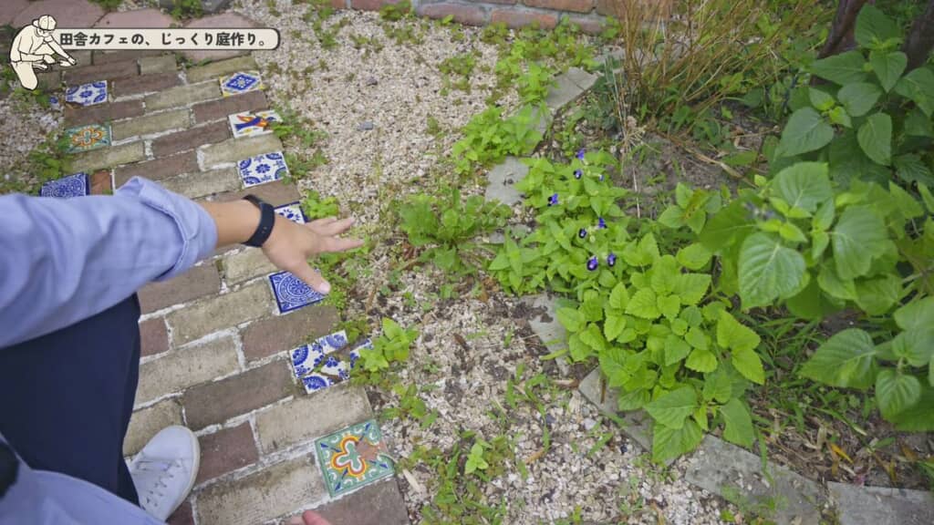 防草シートと砂利を敷いた場所に生えている草