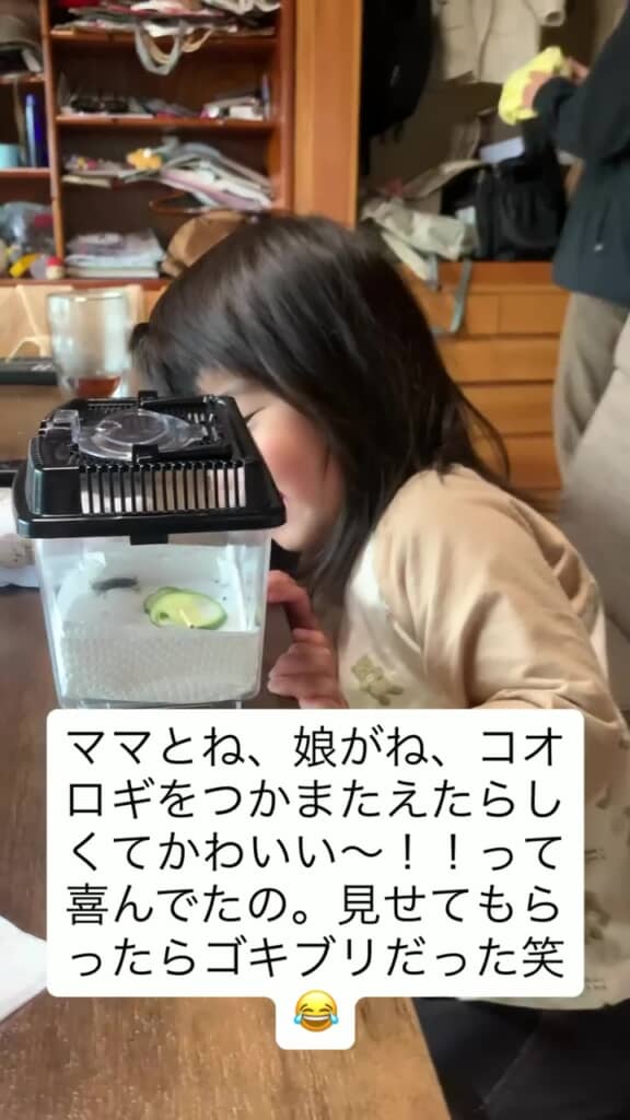 虫かごを楽しそうにのぞきこむ娘