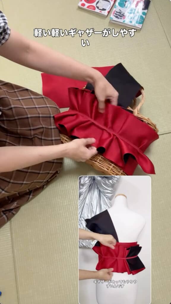 蛇腹折りしてから広げるとギャザーに！