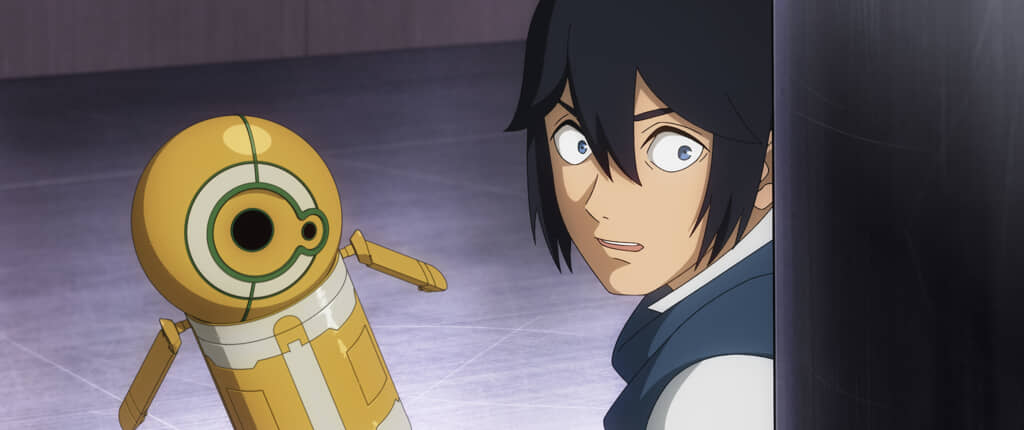 (L-R) 99-99 and Ethan in a scene from Star Wars: Visions Presents - The Ninth Jedi, exclusively on Disney+. Photo courtesy of Lucasfilm. © 2026 Lucasfilm Ltd. All Rights Reserved.