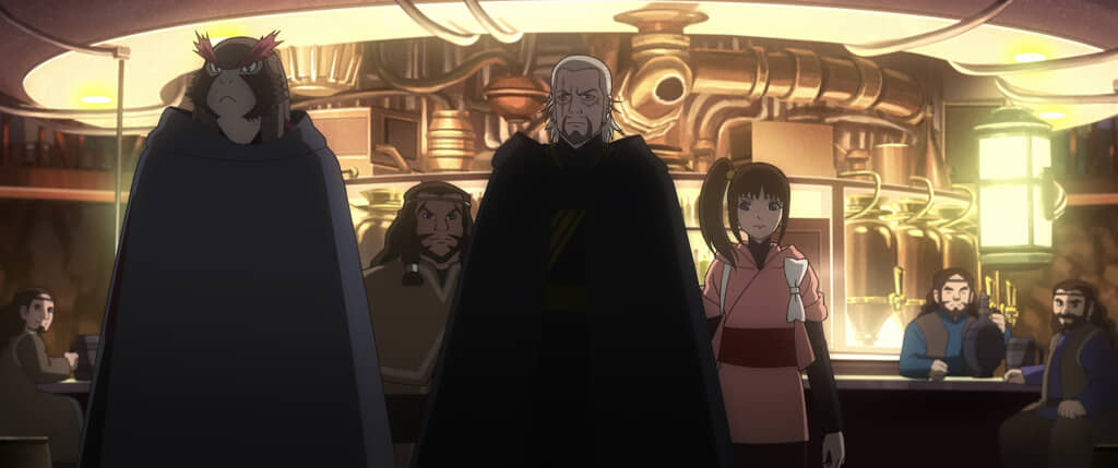 (L-R) Homen, Kawana, Margrave Juro, and Lah Kara in a scene from Star Wars: Visions Presents - The Ninth Jedi, exclusively on Disney+. Photo courtesy of Lucasfilm. © 2026 Lucasfilm Ltd. All Rights Reserved.