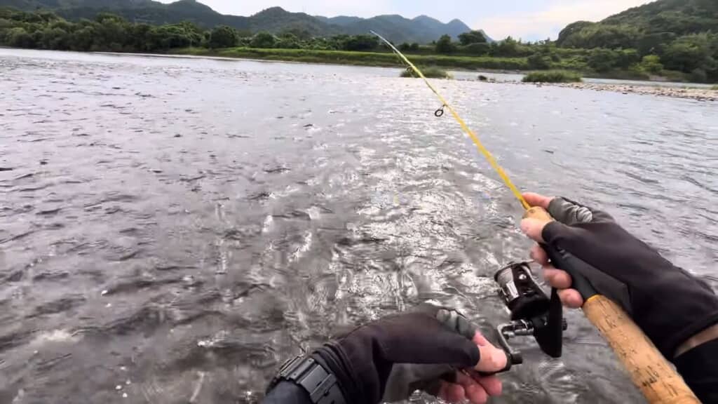 ダイソーのリールを付けたダイソーのロッドで釣る様子