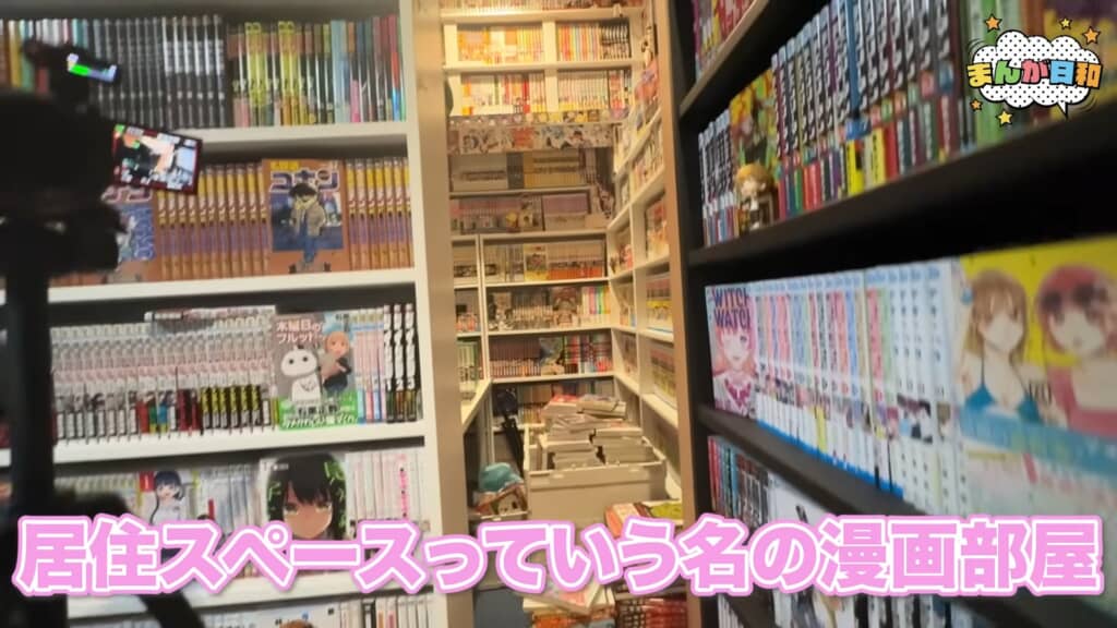 漫画で埋め尽くされた居住スペースの通路