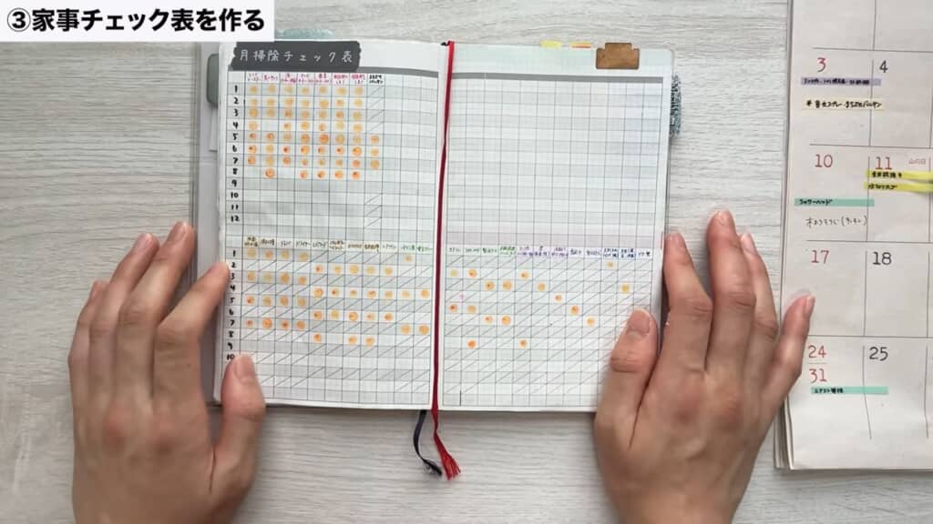 家事チェック表。その月に掃除しない箇所はあらかじめ斜線を引いておく