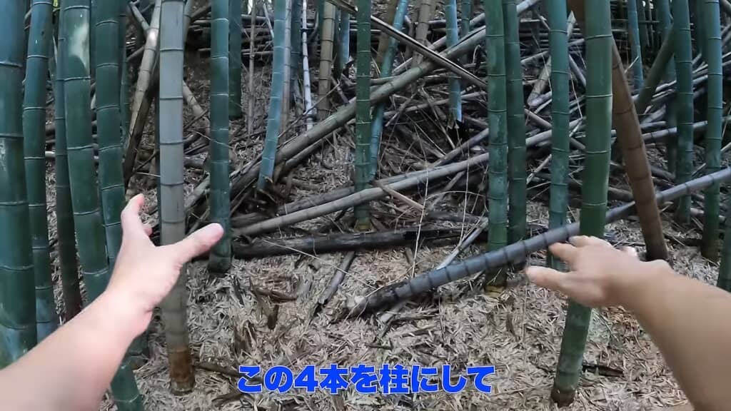 もとから生えている竹を支柱として生かし、秘密基地作り