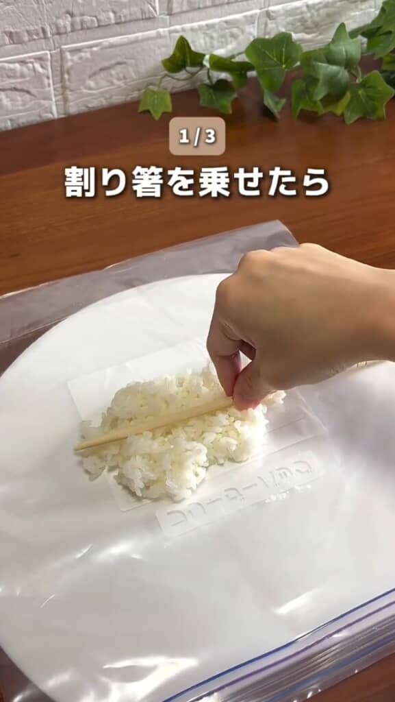 ジッパーバッグにごはんと棒を載せる
