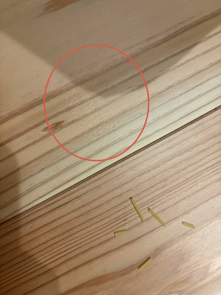 パスタが落ちた衝撃で、杉床の一部がボコボコに……！