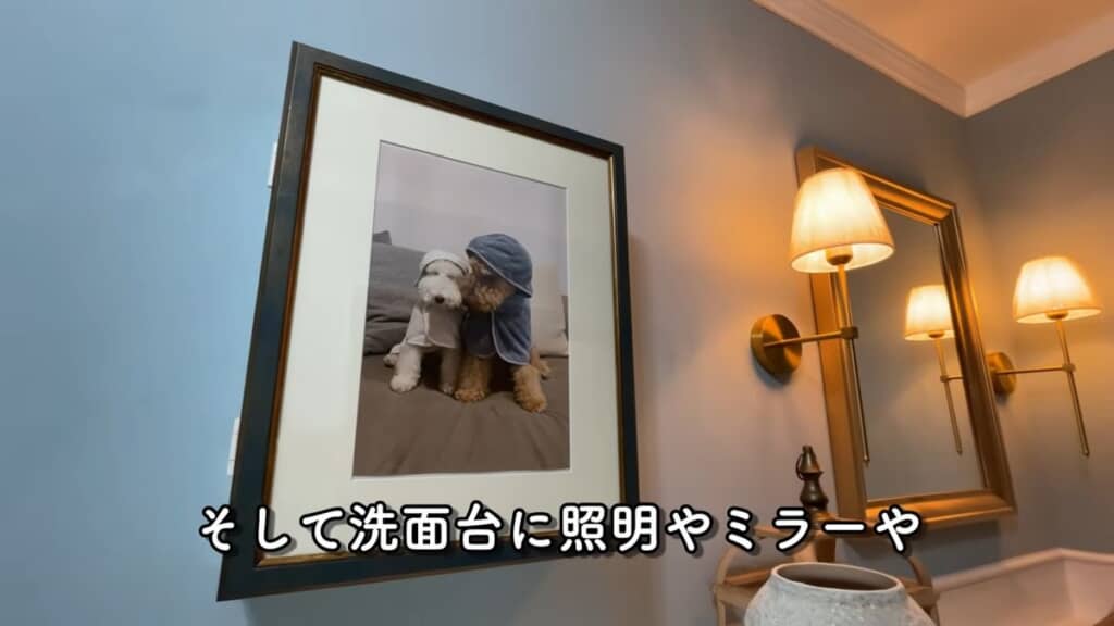 洗面台に設置した照明や鏡、その脇にある収納スペースも兼ねた額