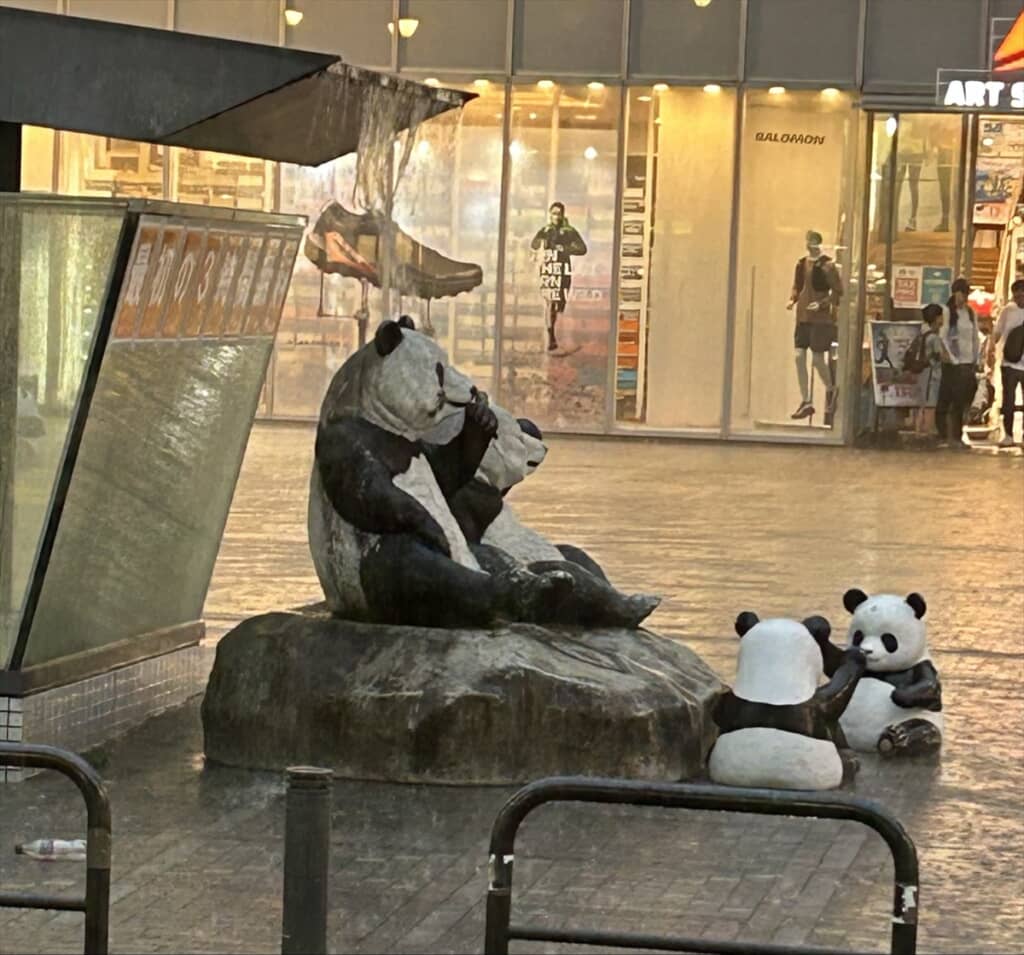 豪雨に見舞われて滝行みなたいになってる御徒町駅前のパンダ像