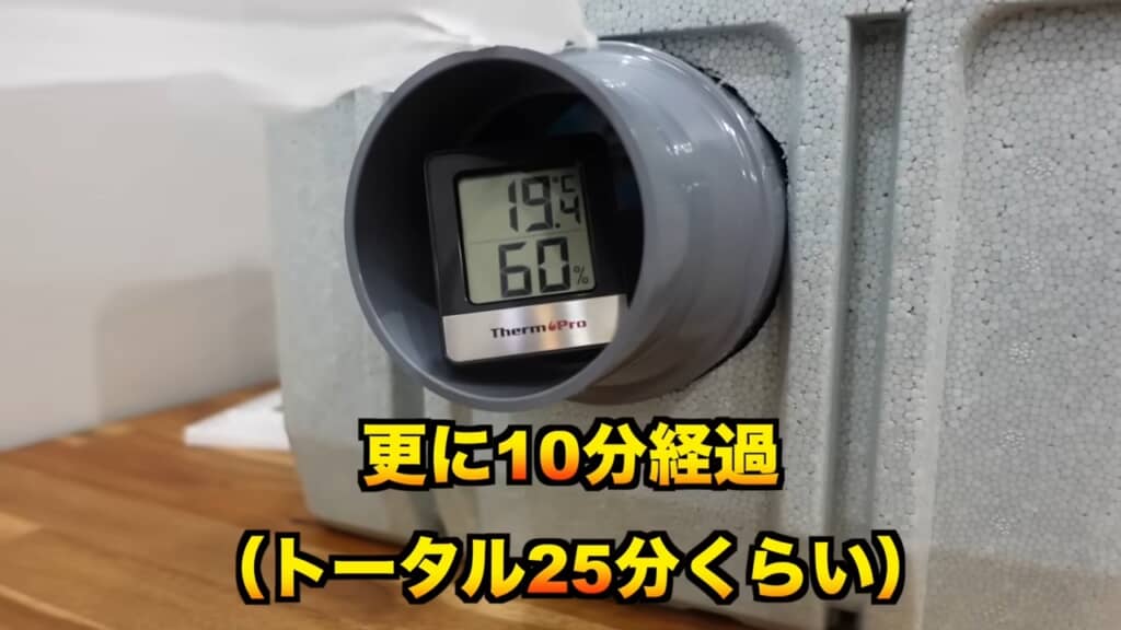 送風口付近の温度は、5分程度で31度から20度付近へ。トータル約25分で19.4度に