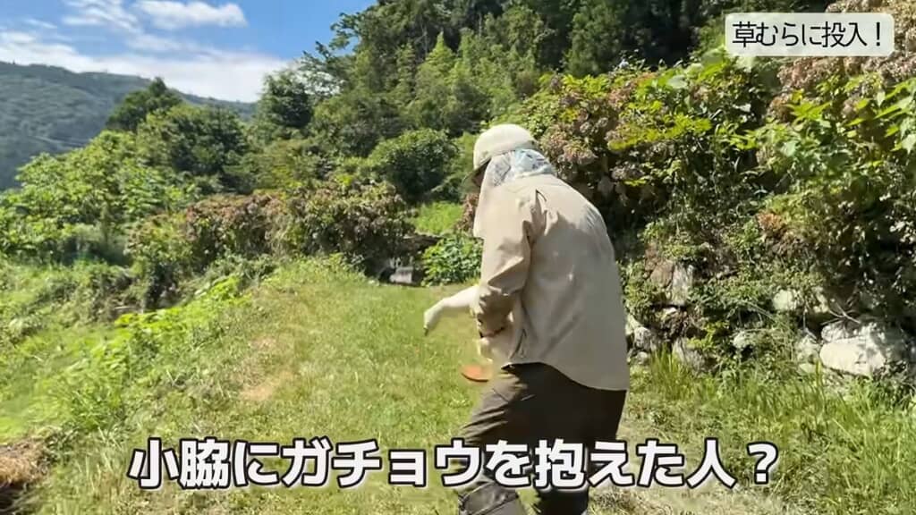 両脇にガチョウを抱えて放牧場まで連れていく夫