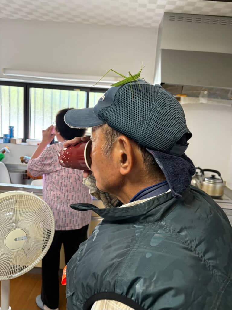 頭の上にバッタが乗っている