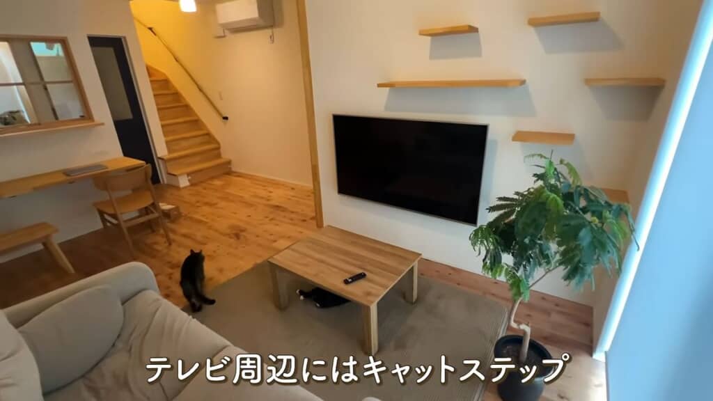 壁掛けテレビとキャットステップ