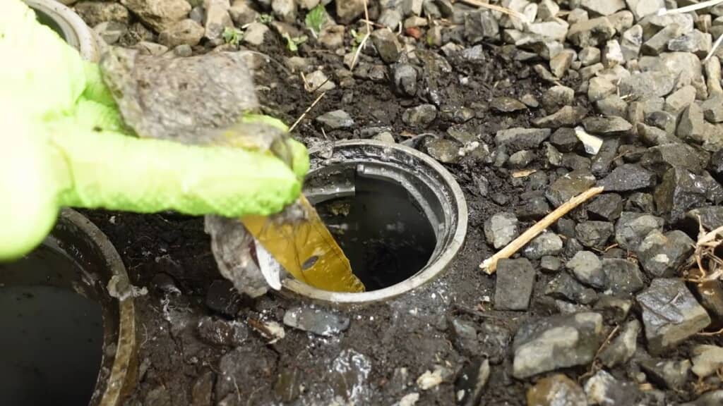 袋の切れ端を引きずり出す様子