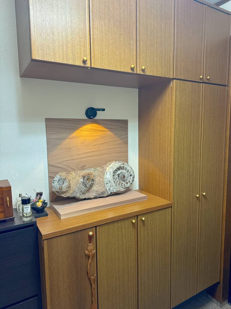 玄関に設けた台座の上に展示してある化石