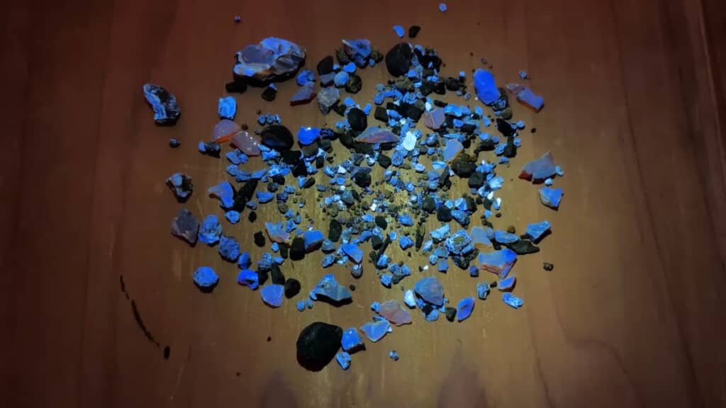 紫外線を浴びて青白い光を放つ琥珀
