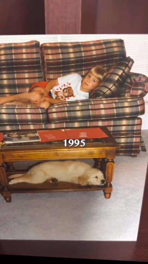 幼い頃のケイティさんと当時の愛犬であるゴールデンレトリバー（1995年の写真）