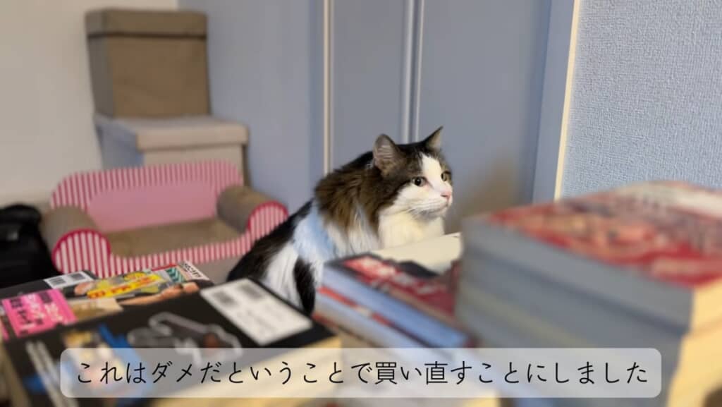 本棚に入っていた本は床に高く積み上げられていました。1日目を振り返り「大変だった」と語る秀さん。シロウくんは漫画に興味津々