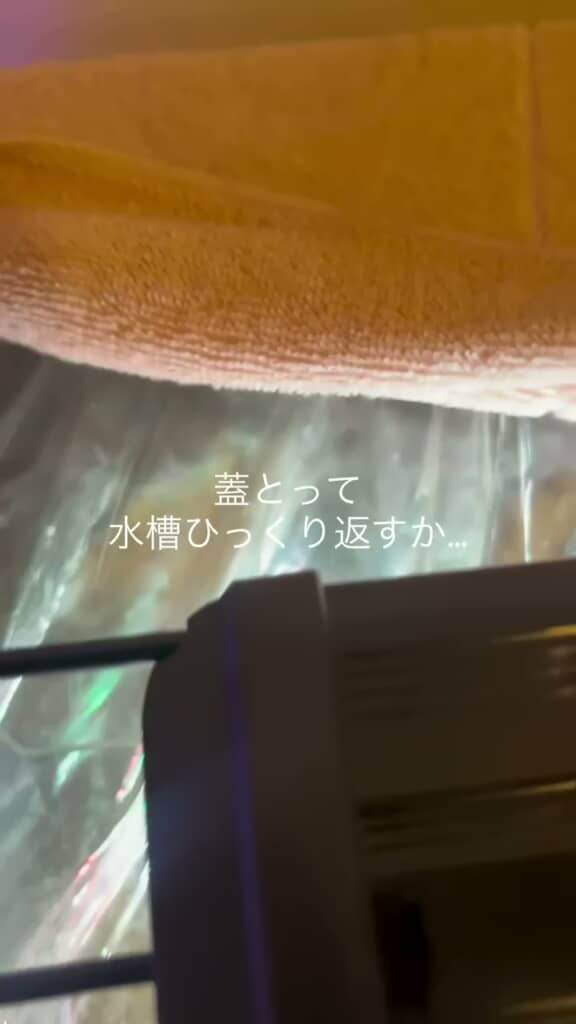 水槽のフタにかけてある布をめくる