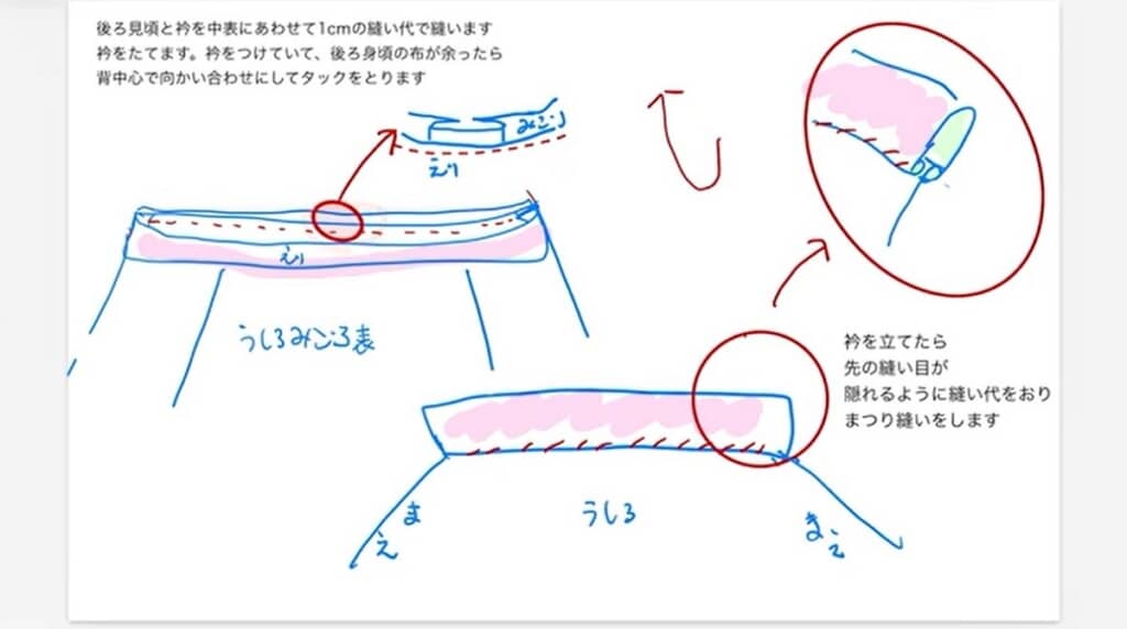 襟を作って後身頃に縫い付けます